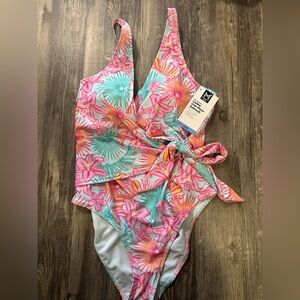 Vibrant Pink and Orange One Piece Swim with Wrap-Style Front